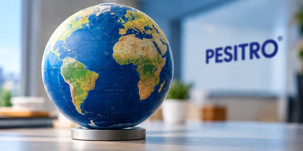 Illustrative blue globe beside PESITRO branding.